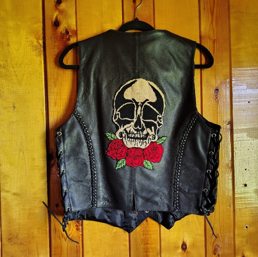 Black Leather Vest with Skull and Rose   Back patch